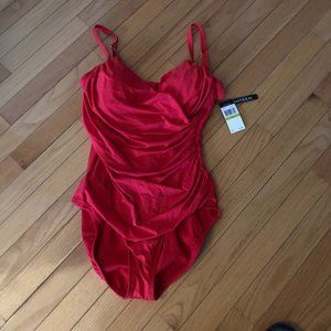 NWT Jantzen  Red Crossover Ruched One Piece Swimsuit Size 14 Removeable Pads